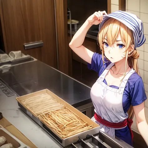 With a towel wrapped around my head in the kitchen of a Japanese restaurant､A blonde woman making soba noodles　highest quality　Wearing an apron