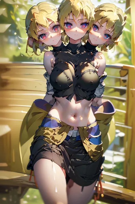 (masterpiece, best quality),best quality, (ultra-detailed), (3heads:1.5), 1girl, (mizuhashi parsee:1.3), masterpiece, best quality, ultra quality, ultra resolution, ultra detail, white top, crop top, ((stomach)), midriff, ((groin)), brown skirt, normal ear...