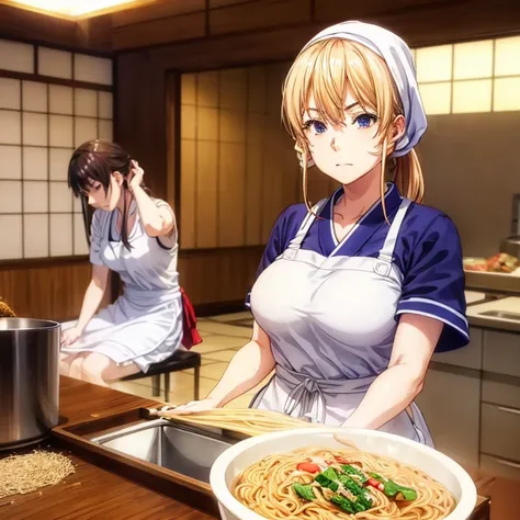 With a towel wrapped around my head in the kitchen of a Japanese restaurant､Blonde woman kneading soba noodles　highest quality　Wearing an apron