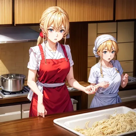 With a towel wrapped around my head in the kitchen of a Japanese restaurant､Blonde woman kneading soba noodles　highest quality　Wearing an apron