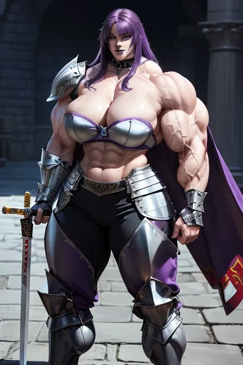 ((((Massive, tall, beautiful, buff, pale white skinned muscular female knight with violet purple hair, black lipstick, ginormous bulky muscles, holding duel swords and wearing an all red gleaming knight armor with hauberk and pants)))), (close view), black...