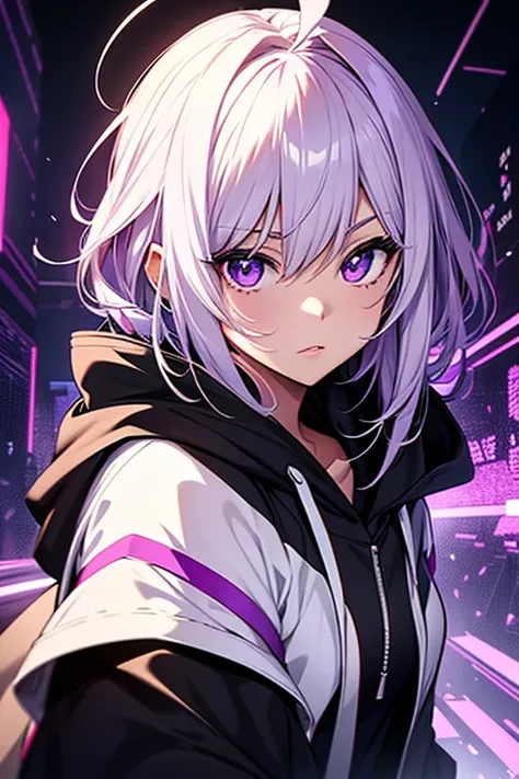 A girl with long, bright white hair and shiny purple eyes, wearing a black hoodie in anime style, against a fantasy background,ahoge.