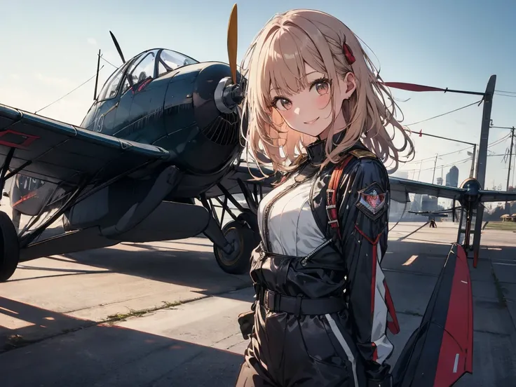 masterpiece, highest quality, High resolution, One Girl,1930s、Biplane on background、Pilot Suit、 alone, Girl with bangs、young woman、18-year-old、Long Hair、smile