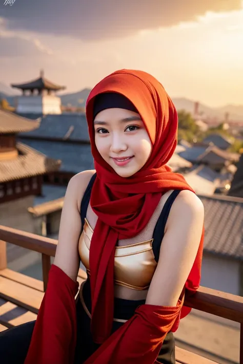 Masterpiece, best quality, highres, indonesian woman, transparent ninja cosplayer, wearing hijab, looking at the camera with a sweet smile, perfection, dynamic, fiery red, smooth, sharp focus, illustration, art, detailed face, 4k, sky palace background, ey...