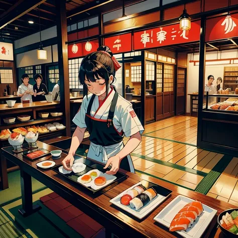 japanese nigiri sushi restaurant,
 sushi prepared by a chef is placed on small plates and transported down the conveyor belt.,
 ...