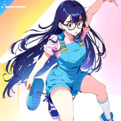 anime girl in overalls and glasses dancing on stage, cute girl anime visuals, anime moe art style, nagatoro, anime girl running,...