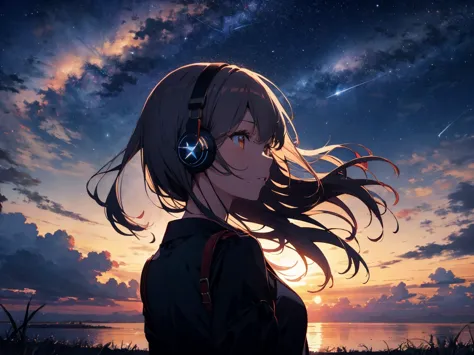 sunset、hill、cloud、long hair、woman、silhouette、back view、beautiful starry sky、look up at the sky、the wind is blowing、wide sky、head...