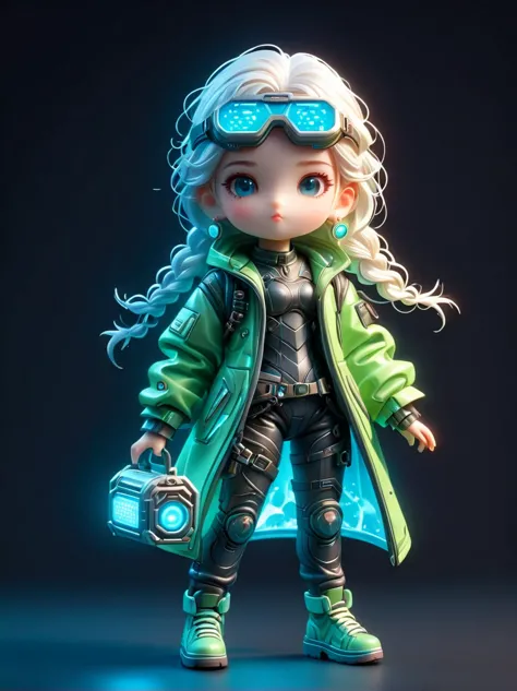 blind box,plastic toy,3d tous,ip model,a cute little girl of the world, white hair, tech goggles, a holo-glowing translucent jac...