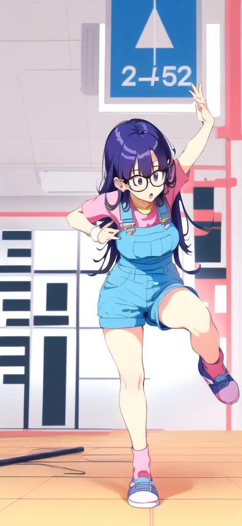 anime girl in overalls and glasses dancing on stage, cute girl anime visuals, anime moe art style, nagatoro, anime girl running,...