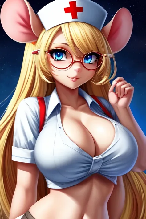 Busty Blonde high school nurse mouse girl, half-moon glasses, ((best quality)), ((masterpiece)), (detailed), perfect face, blue eyes, big breasts, midriff