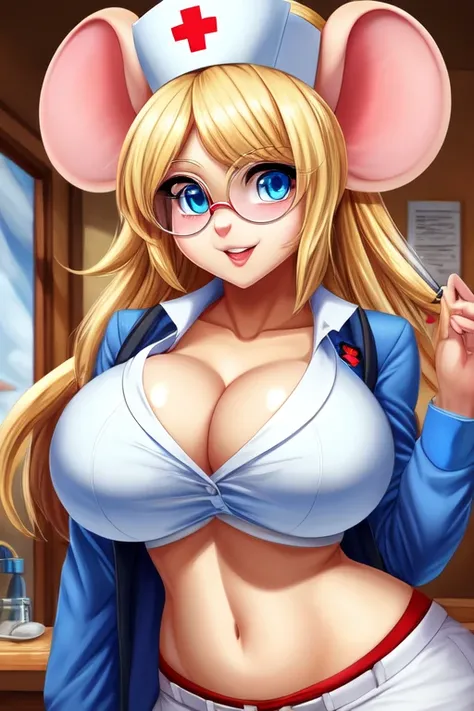 Busty Blonde high school nurse mouse girl, half-moon glasses, ((best quality)), ((masterpiece)), (detailed), perfect face, blue eyes, big breasts, midriff