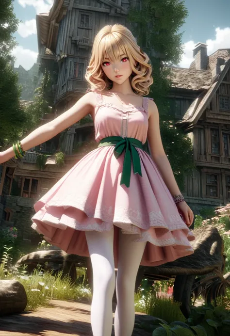 3d anime, vampire girl, with detailed red eyes, curly blonde hair, wearing a short pink dress with white details, standing with one hand on her waist, green bracelet on the arm that is around her waist, wearing pink high heels, detailed white tights , with...