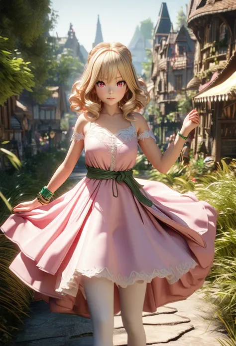 3d anime, vampire girl, with detailed red eyes, curly blonde hair, wearing a short pink dress with white details, standing with one hand on her waist, green bracelet on the arm that is around her waist, wearing pink high heels, detailed white tights , with...