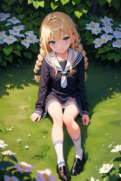 (8k, highest quality, Tabletop:1.2)、Ultra-high resolution、Ultra-detailed, 1 girl aged 13, Detailed face、smile, blue eyes, Blonde, Braid, White socks, Black Loafers, Black Sailor Suit, White panties, garden, flower bed, Sitting on the grass