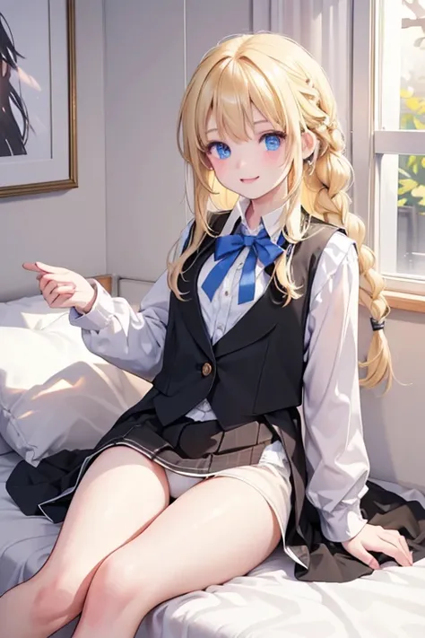 (8k, highest quality, Tabletop:1.2)、Ultra-high resolution、One 16-year-old girl, Detailed face, smile, blue eyes, Blonde, Braid, White panties, White blouse, Black vest, Western-style room, futon, Lie down with your legs outstretched