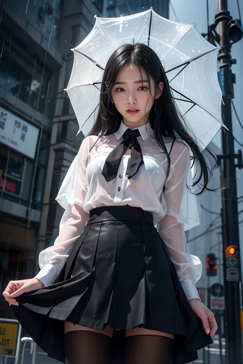 (rain:1.2)、(storm:1.2)、Wet clothes、Cowboy Shot、1 girl、Medium breast、Black Hair、Long Hair、White blouse、Black Skirt、Black Pantyhose、cry、tears、Standing on the street、See through、Spread your legs、I can see her panties、Angle from below