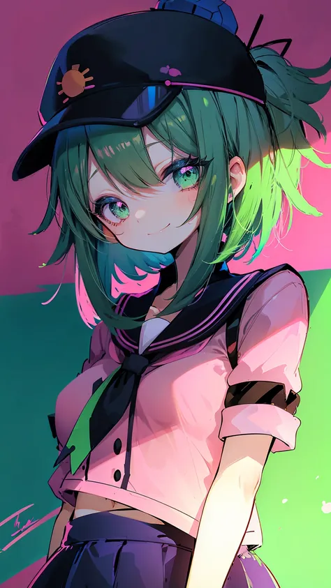 anime girl with a cap and a nask, green  hair, street background in neon pink and blue colors, stickers, smirk face