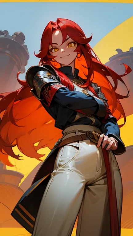 tanned skin, well-built woman, long red hair, yellow eyes, moe fang, armor, smiling, squinted eyes, jovial expression, human, long silver sword on hip, scabard on hip,  vibrant landscape, calm pose, scarred face, long sleeve shirt, pants, medieval wear