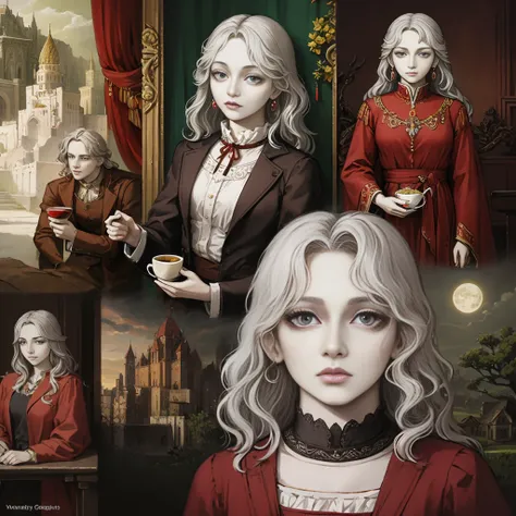 Gray Hair, Gray Eyes, ponytail, Royalty, Red Jewelry, Red Earrings, Lunar, Nobility, Nobleman, High Quality, Highly Detailed, Detailed Face, Masterpiece, Castle, Drinking Tea, Garden, Flowers, Lights