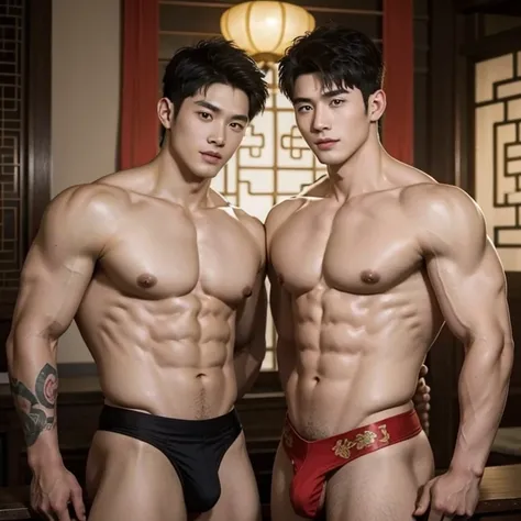 2 Chinese handsome naked chinese boy smile at each other ,super realistic, romantic, chinese Men God,chinese Mythology, Chinese odyssy, Handsome,, Topless, strong  Muscles Athlete body, top up Frame, Sexy, Professional Lighting, , Chinese Heaven Background...