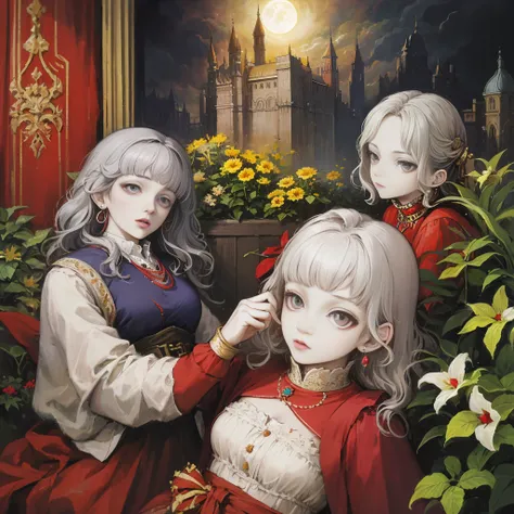 Gray Hair, Gray Eyes, ponytail, Royalty, Red Jewelry, Red Earrings, Lunar, Nobility, Nobleman, High Quality, Highly Detailed, Detailed Face, Masterpiece, Castle, Drinking Tea, Garden, Flowers, Lights