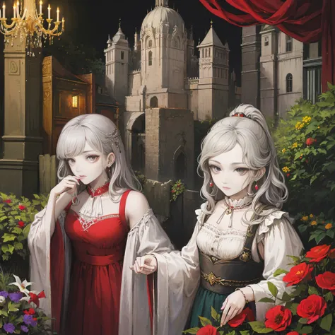 Gray Hair, Gray Eyes, ponytail, Royalty, Red Jewelry, Red Earrings, Lunar, Nobility, Nobleman, High Quality, Highly Detailed, Detailed Face, Masterpiece, Castle, Drinking Tea, Garden, Flowers, Lights