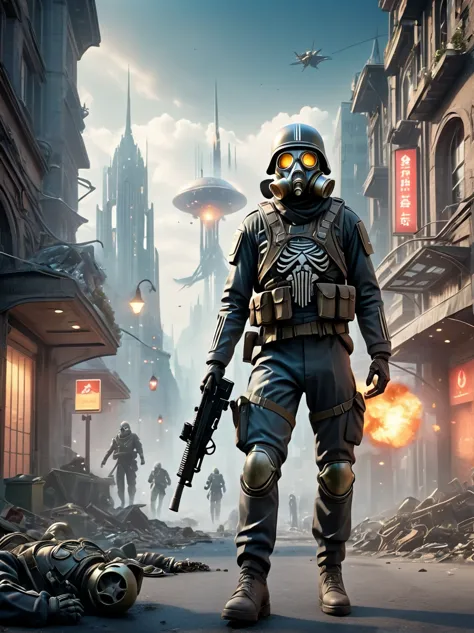 german skeleton soldier from wwii wearing a gas mask，fight aliens in the streets of a futuristic city，the city was devastated，su...