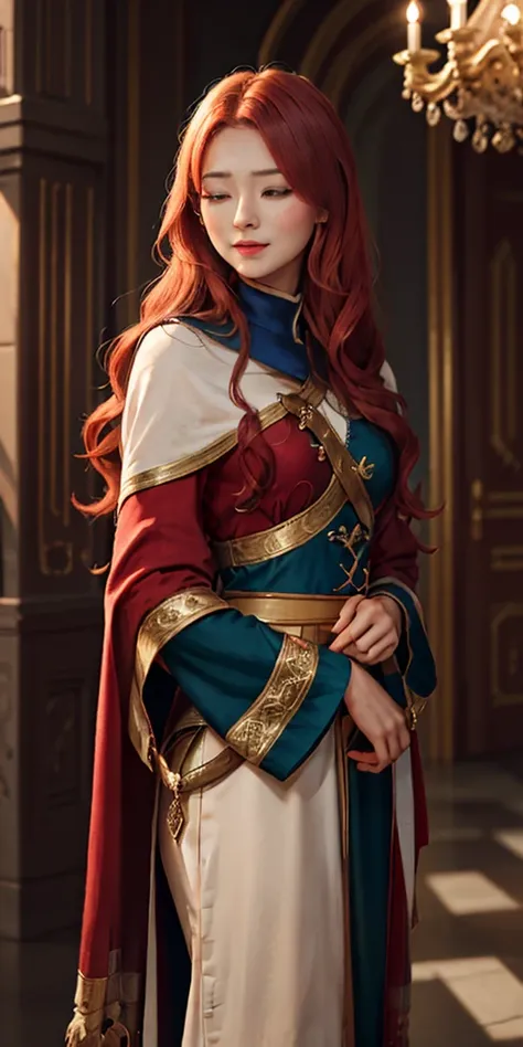 A girl with red hair and blue eyes, wearing noble clothes, with a gentle smile, in a Palace environment. (Eight years:1.8) [vibrant colors] [oil painting] [detailed background] [soft lighting] [high resolution] [elegant atmosphere] [beautifully detailed ey...