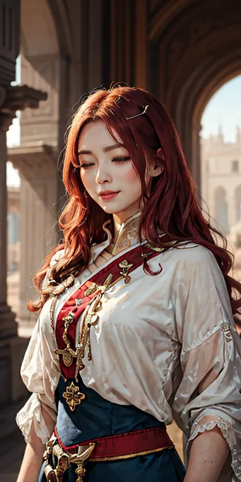 A girl with red hair and blue eyes, wearing noble clothes, with a gentle smile, in a Palace environment. (Eight years:1.8) [vibrant colors] [oil painting] [detailed background] [soft lighting] [high resolution] [elegant atmosphere] [beautifully detailed ey...