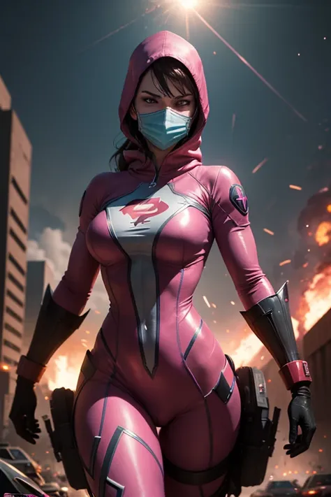 {A superheroine in a pink suit, fights a (masked villain)}, action {fighting a villain}, in a post-apocalyptic world, surrounded by zombies and explosions as a meteor shower falls around her.