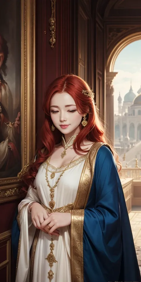 A girl with red hair and blue eyes, wearing noble clothes, with a gentle smile, in a Palace environment. (Eight years:1.8) [vibrant colors] [oil painting] [detailed background] [soft lighting] [high resolution] [elegant atmosphere] [beautifully detailed ey...