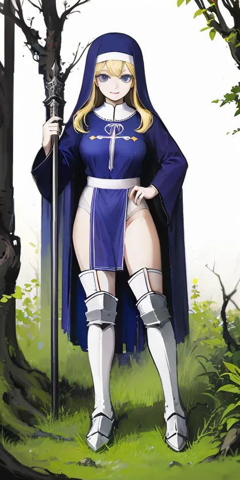 (Masterpiece, top quality), (perfect athlete body: 1.2), (detailed hair), super detailed, anime style, full body, solo, cute Cyberpunk elf holy knight girl, wearing blue nuns habit, blond hair and blue eyes, deploying many force field shields of light, shi...