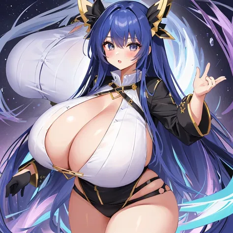 A Cute Girl, with (Incredibly Huge, Absurdly Enormous Breasts: 1.5), Big Cleavage, (Absolutely Enormous Thighs), 