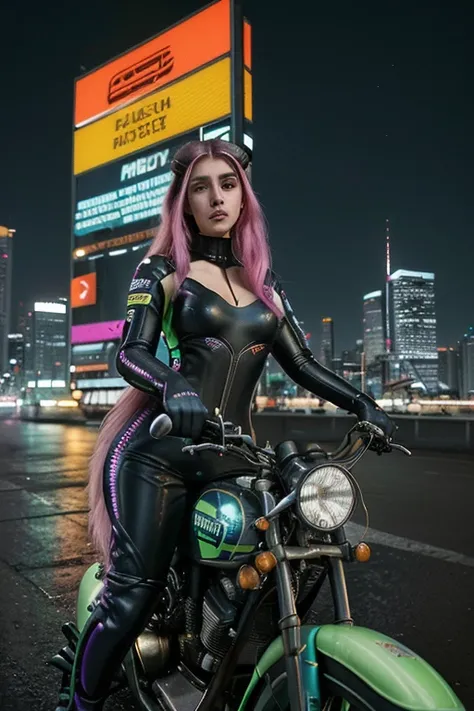 Ele gera uma imagem marcante de uma garota com atitude confiante andando de moto em um ambiente urbano cyberpunk. A  deve estar vestida com roupas alegres e modernas, with vibrant colors and unique patterns. Seu penteado deve ser inovador e sua maquiagem v...