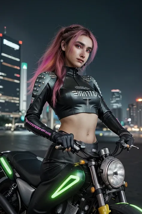 Ele gera uma imagem marcante de uma garota com atitude confiante andando de moto em um ambiente urbano cyberpunk. A  deve estar vestida com roupas alegres e modernas, with vibrant colors and unique patterns. Seu penteado deve ser inovador e sua maquiagem v...