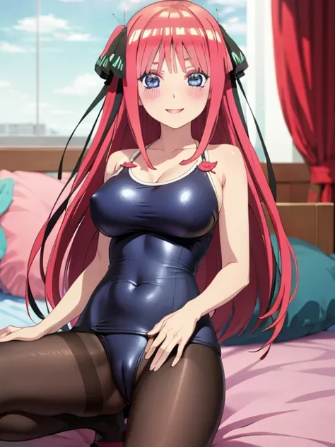 best quality, ultra-detailed masterpiece, anime art style, cute characters, nino nakano, one-piece swimsuit, large breasts, pantyhose, blush, smile, open pussy