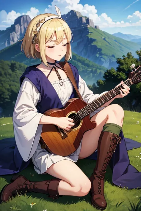 Anime Art、Full body portrait、Dungeons＆Bard of Dragons、A woman around 25 years old, about 160cm tall, wearing Scandinavian-style clothing, sitting on the ground and playing a balalaika、messy short blonde hair、Both eyes closed、boots、Flat chest、Wearing a feat...