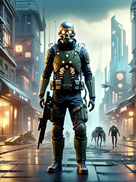 german skeleton soldier from wwii wearing a gas mask，fight aliens in the streets of a futuristic city，the city was devastated，su...