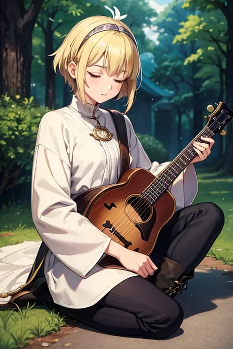 Anime Art、Full body portrait、Dungeons＆Bard of Dragons、A woman around 25 years old, about 160cm tall, wearing Scandinavian-style clothing, sitting on the ground and playing the mandolin、messy short blonde hair、Both eyes closed、boots、Flat chest、Wearing a fea...