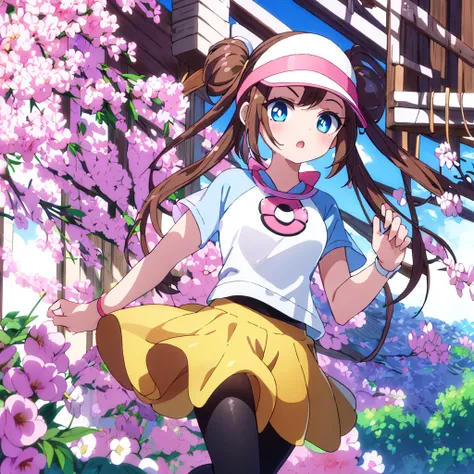 (masterpiece)、(highest quality)、(Detailed Expression)、(Light background)、(Perfect hands)、(10 year old girl)、(1 person)、Gloss、shadow、Pink sun visor、Twin tails、Lightweight shirt、Skin showing through the shirt、black tights、Blue eyes、Brown Hair、Yellow shorts