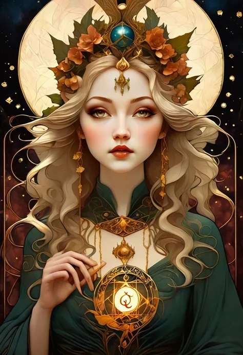 tarot card, chiaroscuro technique on sensual illustration of an queen of pentacle, vintage queen, earthy eerie, matte painting, by Hannah Dale, by Harumi Hironaka, extremely soft colors, hint of gold vibrant, highly detailed, digital artwork, high contrast...