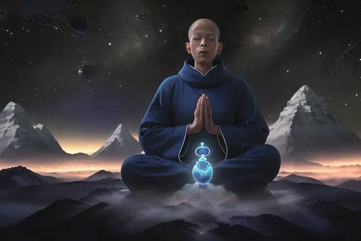 Monk meditating in outer space. vestes largas. Milky Way. Feeling of strength. high definition image, high detailing and dreamlike drawing style. Symbols of nature, OM, zen, mystic, cores vibrantes Imagem com pelo menos 300 dpi, HD, Digital art