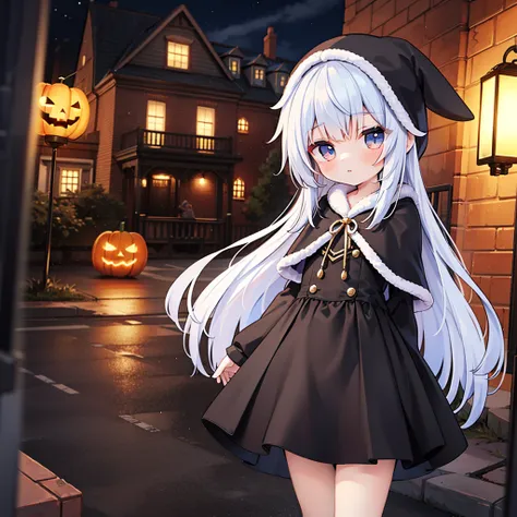 masterpiece,best quality,ultra-detailed,
1girl,solo,kyouka,cute,(loli:1.5),walking,full shot,straight on,ᗜ ‸ ᗜ,short stature,in front of haunted house,halloween,black capelet,black dress,black skirt,fur-trimmed hood,fur-trimmed capelet,fur-trimmed dress,ho...