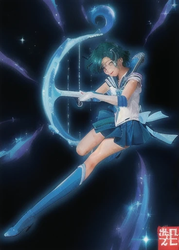 16 year old girl girl with blue green hair wearing sailor mercury costume playing a harp made of water