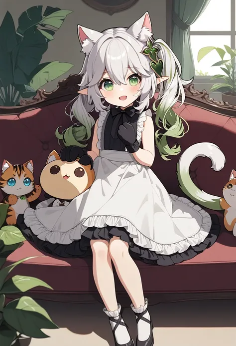 1girl, solo, long hair, looking at viewer, blush, smile, open mouth, bangs, hair ornament, gloves, dress, animal ears, hair between eyes, sitting, green eyes, tail, full body, white hair, :d, grey hair, multicolored hair, frills, green hair, shoes, sleevel...