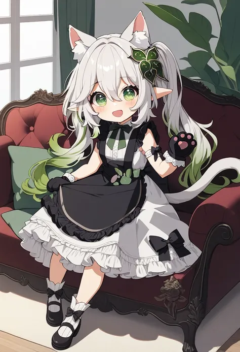 1girl, solo, long hair, looking at viewer, blush, smile, open mouth, bangs, hair ornament, gloves, dress, animal ears, hair between eyes, sitting, green eyes, tail, full body, white hair, :d, grey hair, multicolored hair, frills, green hair, shoes, sleevel...