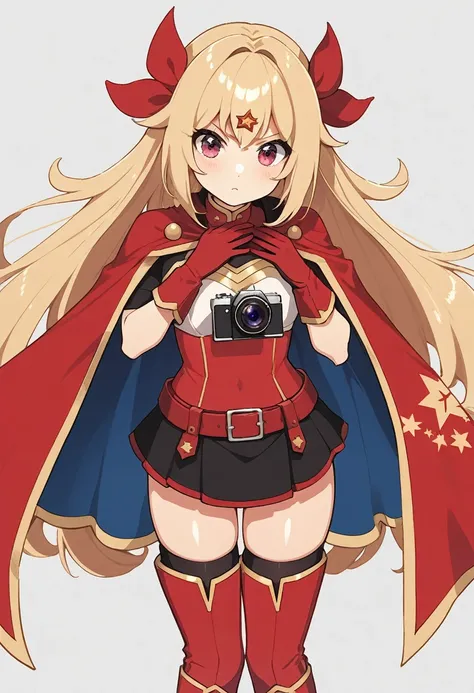 The super heroine Five-Star Red Flag Star wears a tight-fitting uniform with the Chinese Five-Star Flag logo, a cape, long red gloves on both hands, and a pair of red over-the-knee boots on both feet. The camera shows a full body portrait in a standing pos...