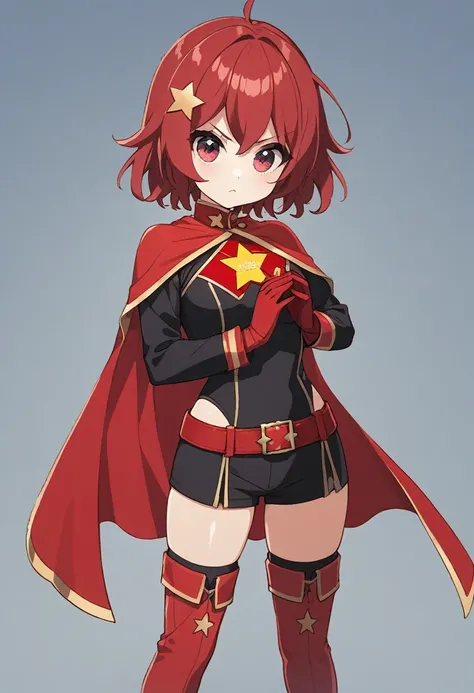 The super heroine Five-Star Red Flag Star wears a tight-fitting uniform with the Chinese Five-Star Flag logo, a cape, long red gloves on both hands, and a pair of red over-the-knee boots on both feet. The camera shows a full body portrait in a standing pos...