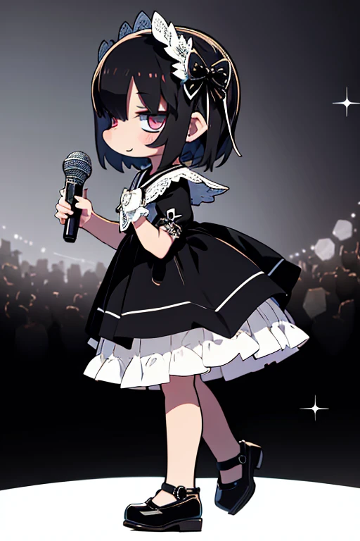 Monochrome Art:1.1)、 (Dynamic Pose), (Abstract background:1.Lace one small doll onto a circular stand。、kawaii pose、A smile、A dark-haired、Chibi Doll、Stars in the eyes（kirakira）、Singing with microphone in hand、Eye Up、Laugh、Cute shoes、Ultra Detail, radiant li...