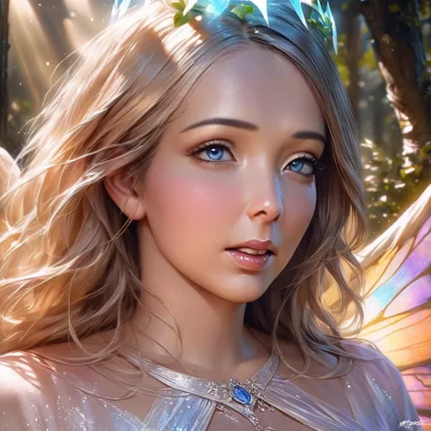 (best quality,4k,8k,highres,masterpiece:1.2),ultra-detailed,(realistic,photorealistic,photo-realistic:1.37),a girl with radiant blonde hair and piercing blue eyes, [angelic] wings spread wide, [delicate] facial features, [translucent, billowing chromatic s...